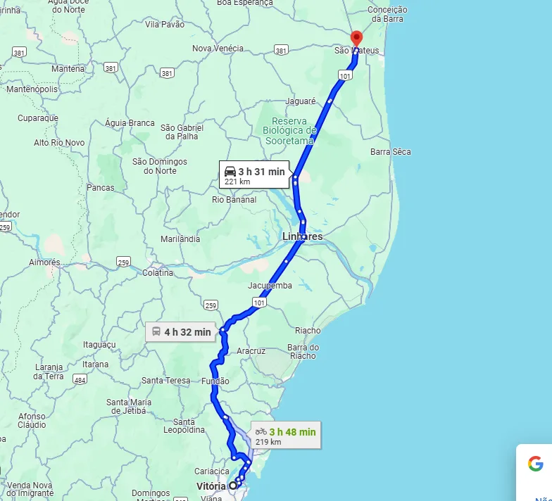 imagem google maps: Como chega a são mateus partindo de Vitória Es